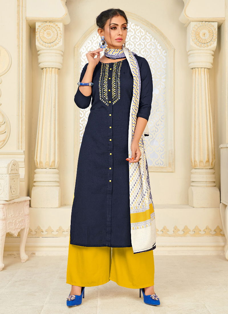 Silicon Cotton Flax Designer embroidered Kurti Rayon Palazzo With Muslin Digital Print Fancy Dupatta Collection 1001-1008